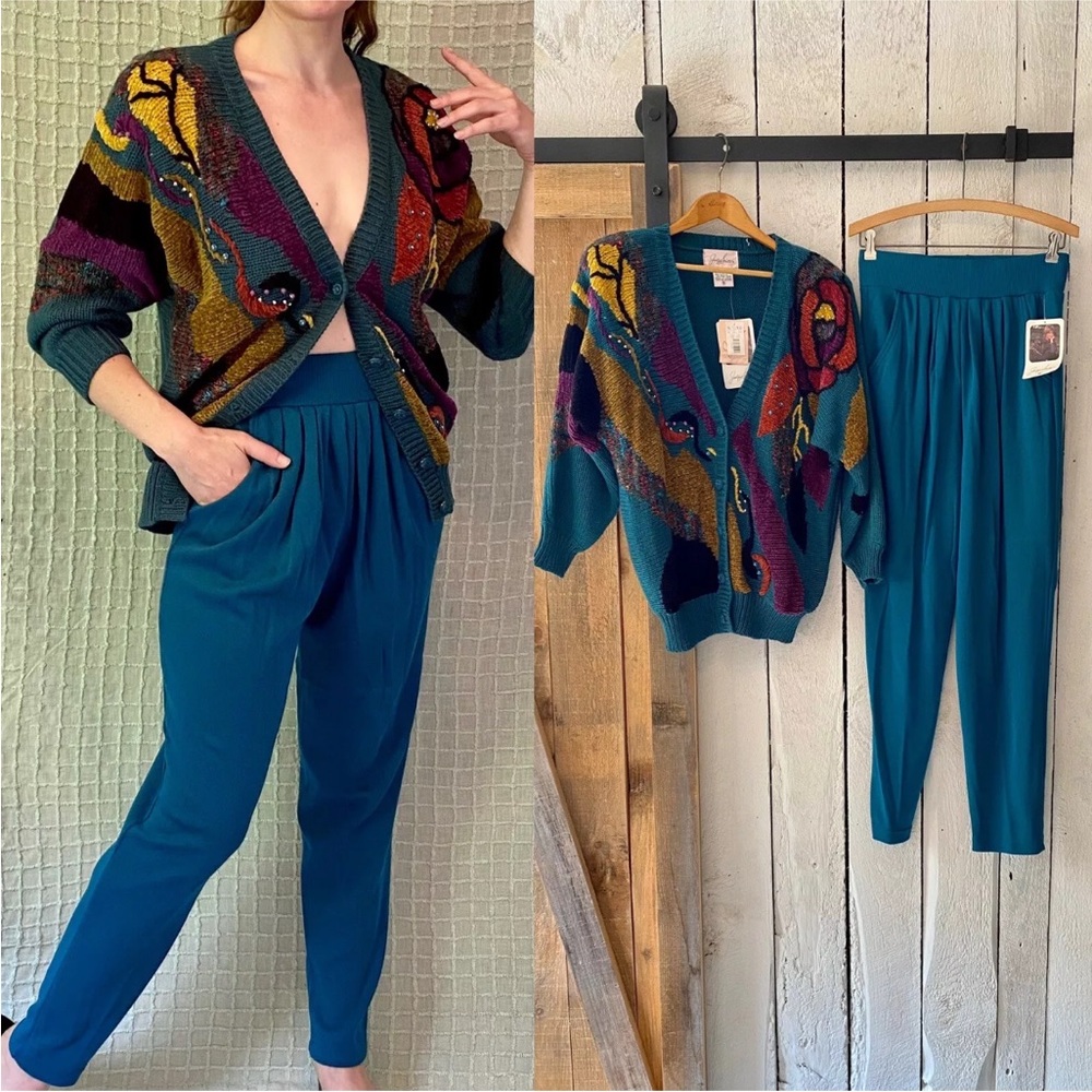 Vintage 90s NWT Teal Jewel Tone Ornate Chenille Sweater Pants Matching Set S/M